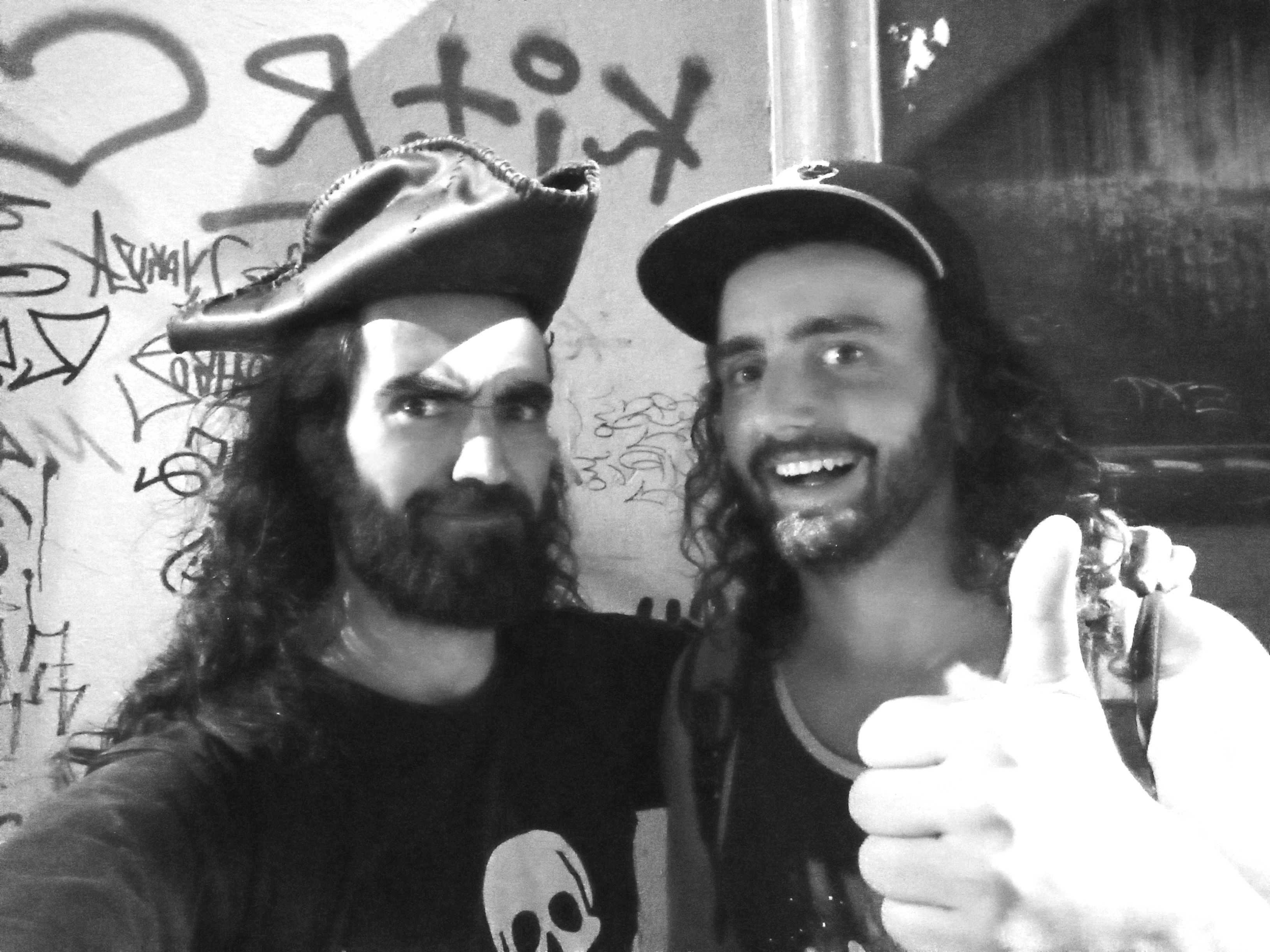 George Chatzikyriakos of Depart.gr posing with Alestorm frontman, Christopher Bowes, outside Gagarin 205 Live Music Space