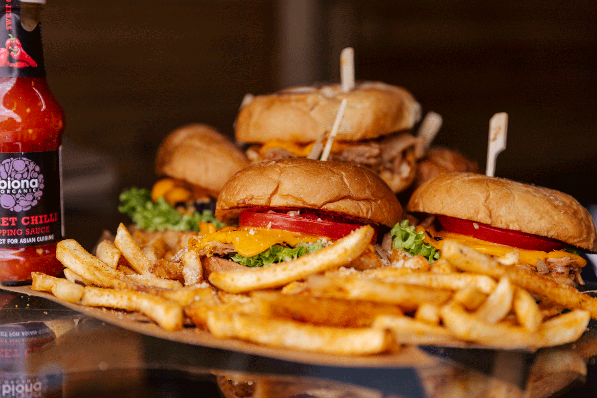 Burger with fries and sweet chilli sauce from Burgerfest