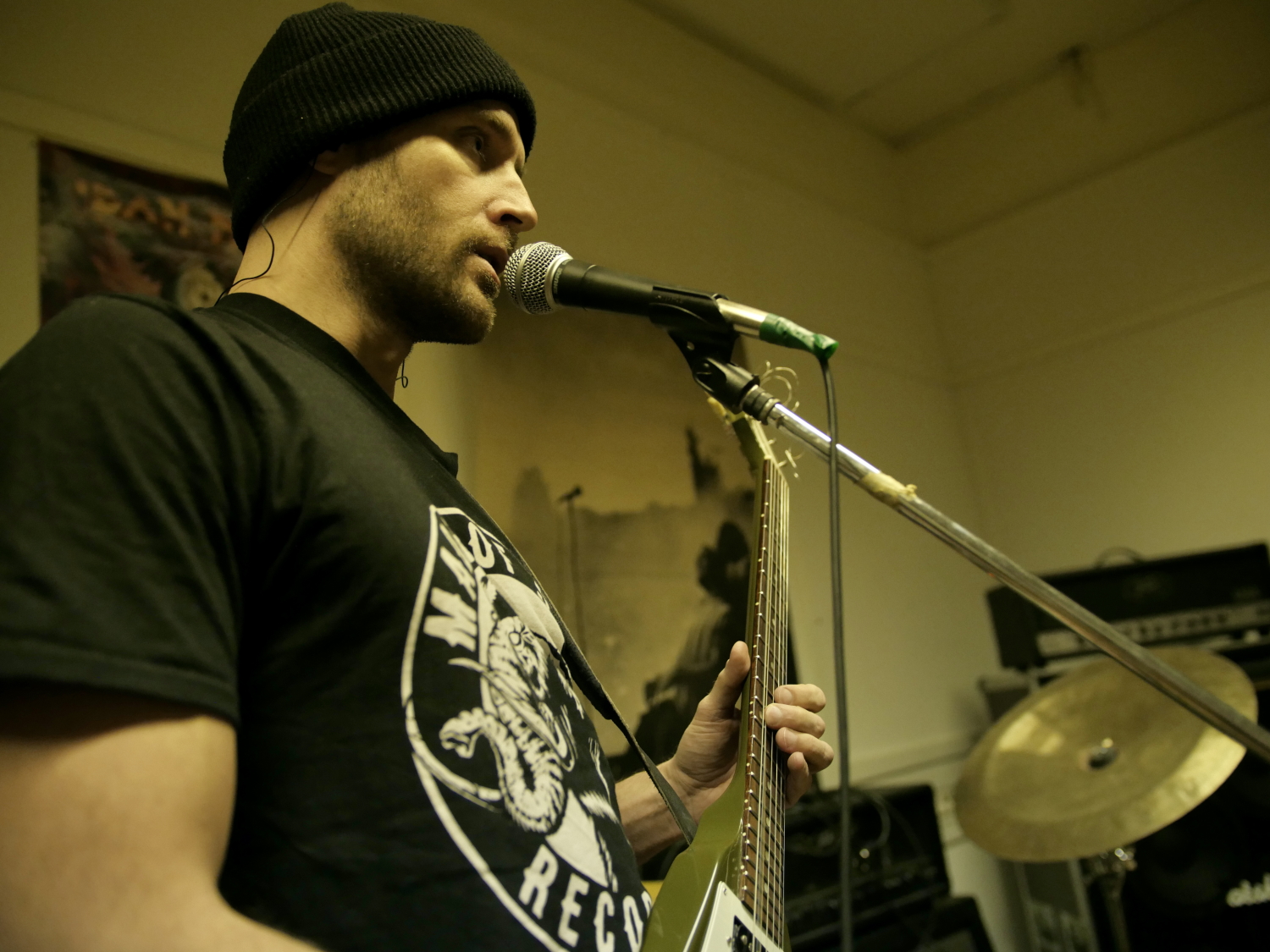 Frontman, songwriter, and lyricist of the fuzz rock band Maha Sohona, Johan Bernhardtson, rehearsing