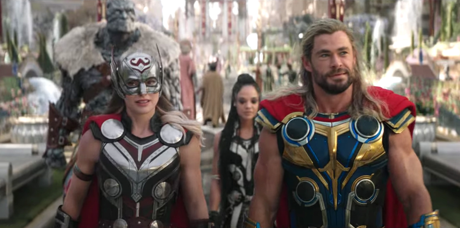 Natalie Portman and Chris Hemsworth as Jane Foster/Thor and Thor in the Marvel film Thor: Love and Thunder